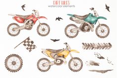 watercolor dirt bikes with checkered flags and birds flying around them on a white background