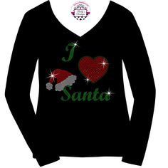 "Christmas I love Santa Spangle or Rhinestone Sparkle Bling Ladies' Vnecks, Shirts, Tanks, Hoodies, and more   Add some sparkle to your life in our holographic spangle or rhinestone tees! See our chart, which will tell you the difference between these two beautiful bling styles! Purchase with confidence, knowing we are a Star Seller!  Our order process is easy! 1) Please view our size chart among the photos and measure your favorite tee to determine your best size from our variety of apparel. Pl Sparkly Christmas Tshirt, Sparkly Christmas Tshirts, Holographic Shirt, Bling Shirt, Christmas Bling, Rhinestone Tees, Christmas Santa Hat, Bling Shirts, Rhinestone Shirts