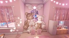 two teddy bears sitting on top of a refrigerator in a room with pink walls and curtains