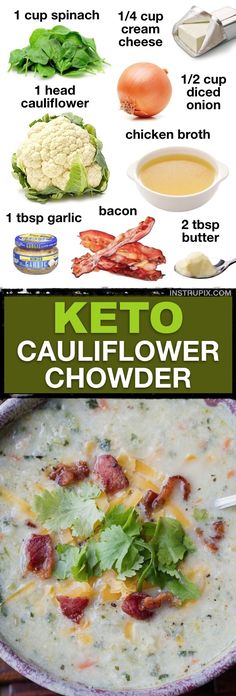 the keto cauliflower chowder recipe is shown in this graphic above it's ingredients