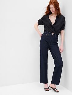 High Rise Cotton '90s Loose Jeans Clothes For Petite Women, High Waisted Straight Jeans, Venus Aesthetic, French Outfits, Jean Large, Loose Fit Jeans, Water Saving, Loose Jeans, Dark Indigo