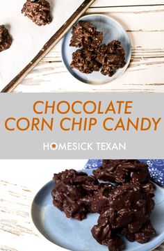 chocolate corn chip candy on a blue plate next to a white and gray plate with spoons