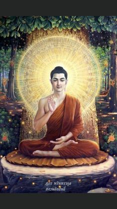 buddha sitting in the middle of a forest with his hands clasped to his chest and eyes closed