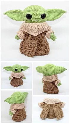 crocheted baby yoda doll is shown in four different poses and looks like it has