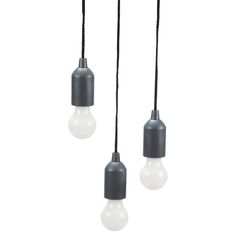 three light bulbs hanging from the ceiling with black cord and white bulb on each side