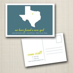 two business cards with the state of texas in yellow and teal blue, on top of each other