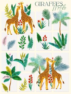 the giraffes are surrounded by tropical plants and flowers, including palm leaves