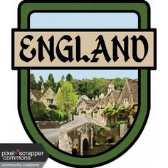 the logo for england is shown in an oval frame with trees and houses behind it