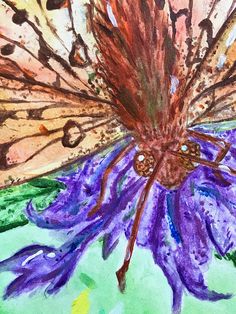 a painting of a purple flower with a large butterfly on it's back wing