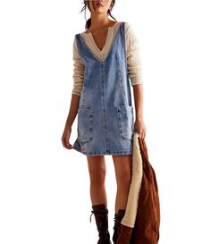 From Free People&#x2C; this overall dress features:Denim fabricationScoop necklineSleevelessAdjustable buckle strapsLow backFront pocketsPull on constructionApprox. 32.5" lengthCottonMachine wash/tumble dry Imported. High Roller, Contemporary Dresses, Jean Dress, Mini Robes, Daytime Dresses, Follow Your Heart, Cozy Sweater, Denim Overalls, Overall Dress