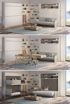 three different views of a living room with furniture and bookshelves on the wall