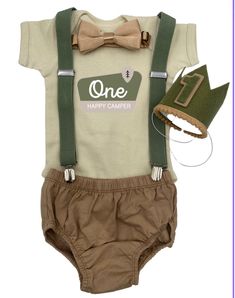 One happy Camper ,One Birthday, baby boy Outfit 5 Piece Set  Brown Diaper Cover, cream  one design. olive suspender, tan  bowtie, and birthday crown. 5 PCS SET INCLUDE EVERTHING IN THE PICTURE 4 PCS NO HAT INCLUDE DIAPER COVER, BODYSUIT, SUSPENDER AND BOWTIE  3 PCS NO HAT INCLUDE DIAPER COVER, SUSPENDERS AND BOWTIE. Happy Camper Cake Smash, One Happy Camper Cake, Happy Camper Cake, Camper Cake, Camper Cakes, First Birthday Baby Boy, Cake Smash Boy, Birthday Baby Boy