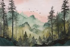 a painting of mountains and trees with birds flying over them