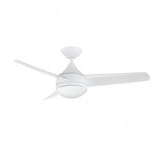 a white ceiling fan with two blades on the top and one light on the bottom