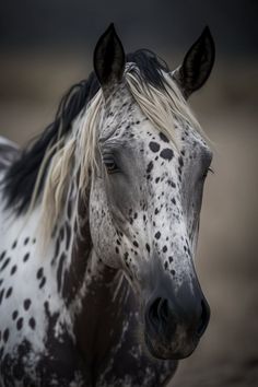 a black and white horse with spots on it's face