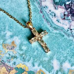 Brilliant Gold Tone Cross  Pendant Necklace  Sparkling White Jewel Rhinestone Cross  Gold Plated 18 Inch Chain  Lobster Clasp Closure Christian or Catholic Cross Comes in Gift Box and Organza Gift Bag Ships within 3 days. Will ship first class mail.  See our shop Hello Emiko for more beautiful handmade jewelry and gifts. Crystal Cross Chain Jewelry, Crystal Cross Jewelry With Chain, Rhinestone Cross Necklace With Adjustable Chain As Gift, Crystal Cross Jewelry With Adjustable Chain, Crystal Cross Necklace With Adjustable Chain, Gold Crystal Rhinestone Cross Pendant Necklace, Crystal Clavicle Chain With Cross Pendant, Crystal Clavicle Chain With Cross Shape, Crystal Cross Pendant Clavicle Chain