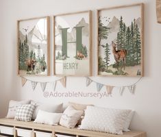 three framed pictures hang on the wall above a wooden bench with pillows and blankets underneath