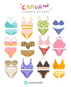 a bunch of different types of bikinis on a white background with the words canva pro