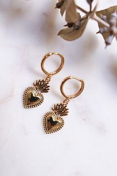 Sacred Heart Earrings Flaming Heart Earrings Religious - Etsy Jewelry Mexican, Gold Heart Earrings, Flaming Heart, Gold Heart Earring, Huggie Earring, Sacred Heart Of Jesus, Mexican Jewelry, Heart Of Jesus, Dope Jewelry