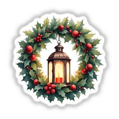 a christmas wreath with a lit candle in the center and holly leaves around it on a white background