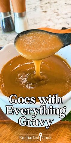 Brown gravy is spooned into a white bowl with text overlays. All Purpose Gravy Recipe, Brown Gravy Mix Recipe, Chicken Gravy From Broth, Make Ahead Gravy, Beef Gravy Recipe, Pork Gravy, Giblet Gravy, Holiday Dishes, Beef Gravy