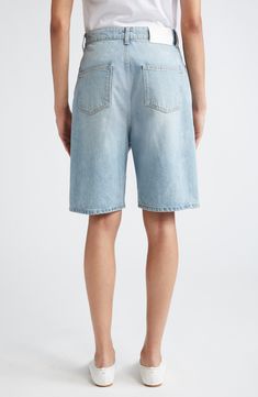 A low-rise waist and longline silhouette define nonstretch denim shorts crafted from organic cotton with a logo-embossed back patch. 8 1/2" inseam; 22" leg opening; 15" front rise; 16 1/2" back rise (size 29) Zip fly with button closure Front slant pockets; back patch pockets 100% organic cotton Machine wash, dry flat Made in Italy Designer Clothing This brand has B Corp certification, representing business practices with emphasis on social and environmental performance, accountability and trans Denim Knee-length Shorts With Belt Loops, Light Wash Cotton Bermuda Shorts With Straight Leg, Spring Jean Shorts In Rigid Denim, Spring Rigid Denim Jean Shorts, Short Recycled Denim Bottoms With Relaxed Fit, Recycled Denim Relaxed Fit Shorts For Spring, Recycled Denim Relaxed Fit Jeans, Relaxed Fit Recycled Denim Shorts For Spring, Recycled Denim Shorts With Relaxed Fit