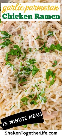 chicken ramen with parsley and parsley on top is shown in this image