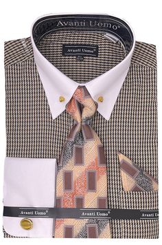 Beige Houndstooth Dress Shirt Set with Cuff Collar Bar Shirt, French Cuff Dress Shirts, Collar Bar, French Cuff, Dress Shirt And Tie, French Cuff Shirts, Slim Fit Dress Shirts, Houndstooth Dress, Tuxedo Shirts