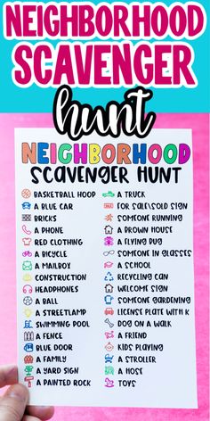 the neighborhood scavenger printable is in front of a pink background with text