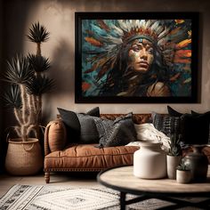 a living room filled with furniture and a painting hanging on the wall over a coffee table