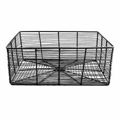 a black wire basket on a white background