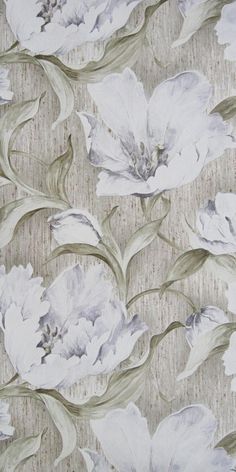 an image of white flowers on a wallpapered surface with grey and green accents