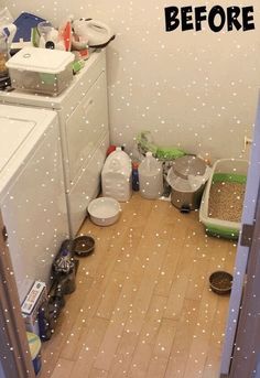 this is an image of a cat litter box in the corner of a room with white stars on the walls