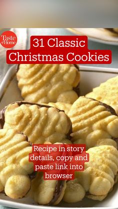 three christmas cookies on a plate with the words, 31 classic christmas cookies recipe in story details copy and paste link to browser