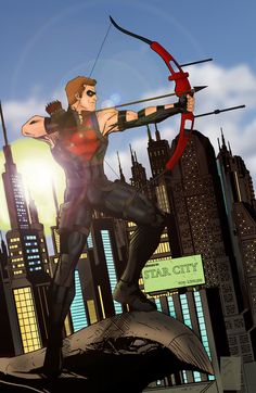 an animated image of a man holding a bow and arrow in the city with skyscrapers