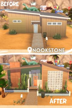 before and after photos of a house in the game nookstore, which has been updated