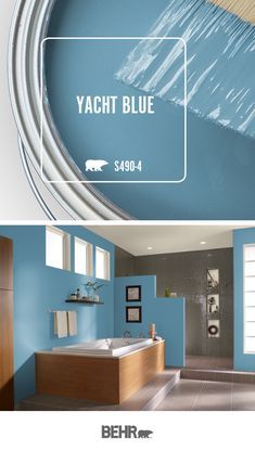 a bathroom with blue walls and white trim on the ceiling is shown in two different photos