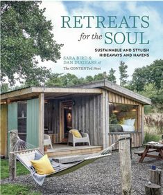 a book cover with a hammock in front of a small shed and picnic table