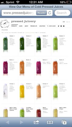 an iphone screen showing the price of cold pressed juices in different colors and sizes