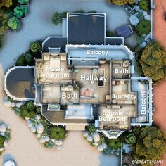 an aerial view of the floor plan of a house with three bedroom and two bathrooms