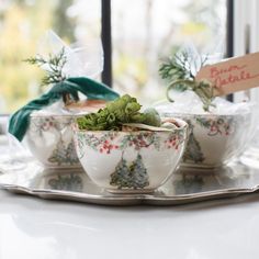 two white bowls with plants in them on a silver tray next to a glass window