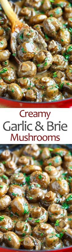 creamy garlic and brie mushrooms in a red pan with a wooden spoon on the side