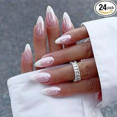 Add a touch of glamour to your summer nails with metallic accents. Gold and silver stripes, dots, or entire nails can catch the sunlight beautifully and add a bit of sparkle to your look. Almond Nails For Work, French Nail Designs Almond Shape, Oval Medium Nails, Almond Shape French Tip Nails, Baby Shower Nails Girl, Proposal Nails Ideas, Summer Nails Almond Shape, Baby Shower Nails, Nails Chrome