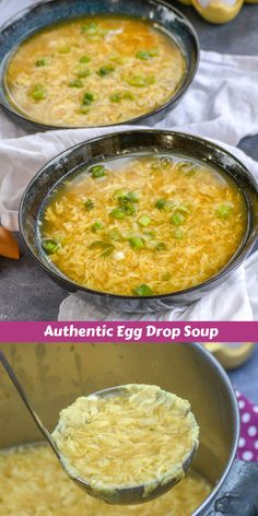 two pictures showing how to make an egg drop soup in one pan and the other