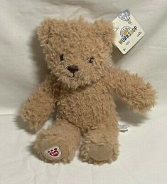 a brown teddy bear sitting on top of a white bed sheet next to a tag