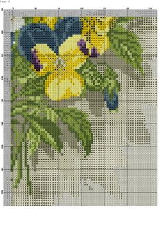 a cross stitch pattern with yellow and blue flowers on the bottom half of it, as well as green leaves