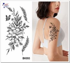 the back of a woman's shoulder with flowers and leaves tattoo design on it