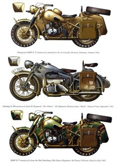 three different types of motorcycles are shown in this image, one is green and the other is brown