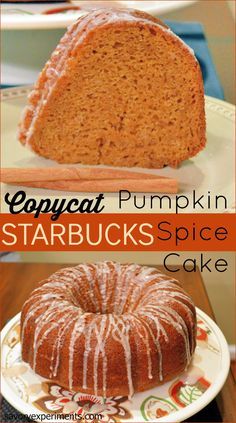 pumpkin starbucks spice cake with white icing on top and the words copycat pumpkin starbucks spice cake