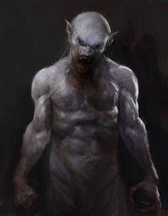 an image of a demonic creature with big eyes and no shirt on, standing in the dark